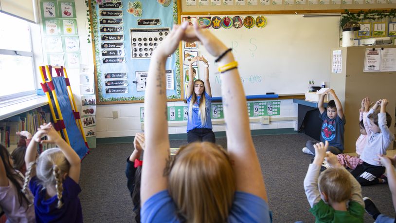 FILE - Teacher Abi Hawker leads preschoolers in learning activities at Hillcrest Developmental Preschool in American Falls, Idaho, Sept. 28, 2023. (AP Photo/Kyle Green, File)