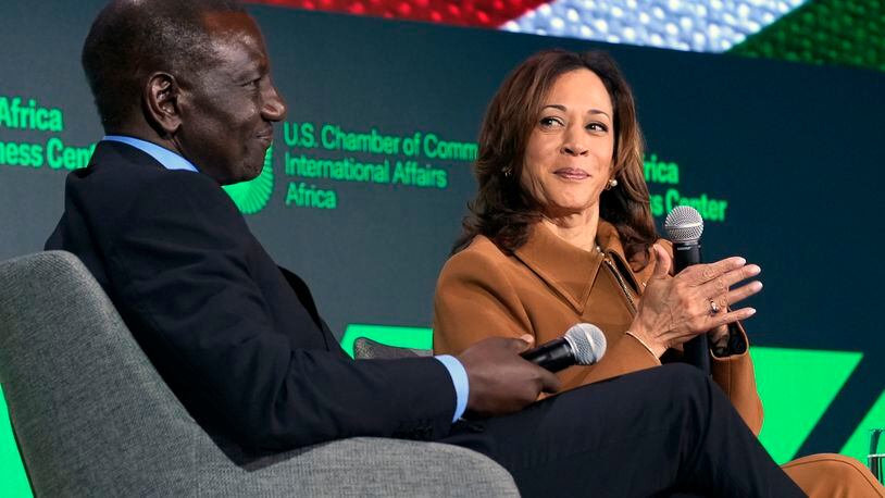 Kenya's President William Ruto, left, and Vice President Kamala Harris participate in a discussion at the U.S.-Kenya Business Forum at the Chamber of Commerce in Washington, Friday, May 24, 2024. (AP Photo/Susan Walsh)