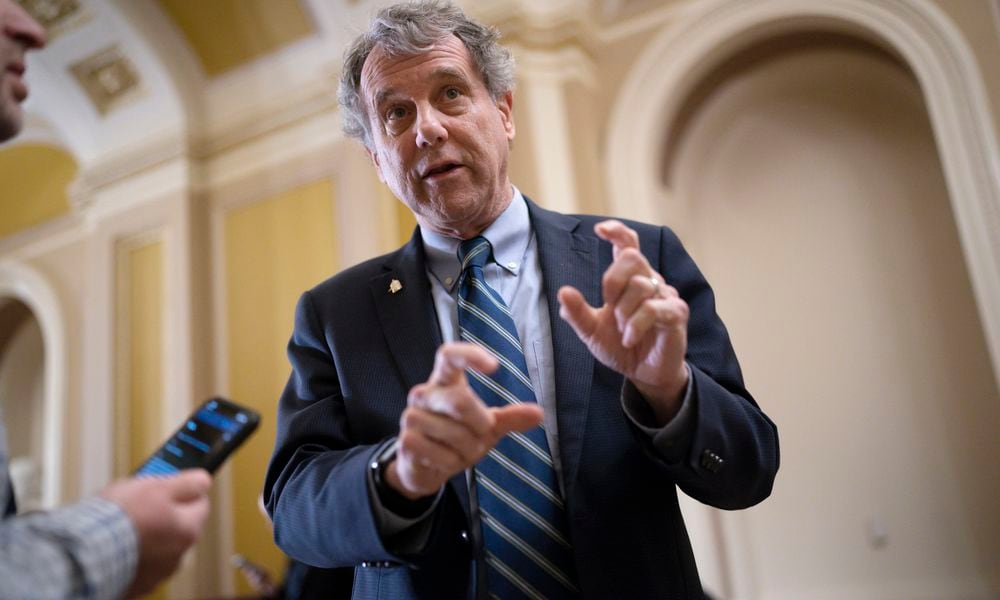 FILE - Senate Banking Committee Chairman Sherrod Brown, D-Ohio, speaks with reporters at the Capitol in Washington, March 15, 2023. (AP Photo/J. Scott Applewhite, File)