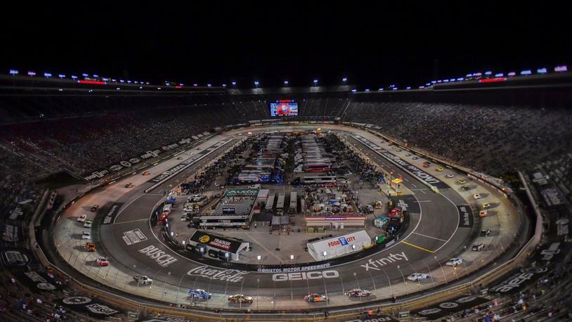 Drivers make their way around Bristol Motor Speedway during a caution period in the NASCAR Xfinity Series auto race Friday, Sept. 15, 2023, in Bristol, Tenn. (Emily Ball/Bristol Herald via AP)