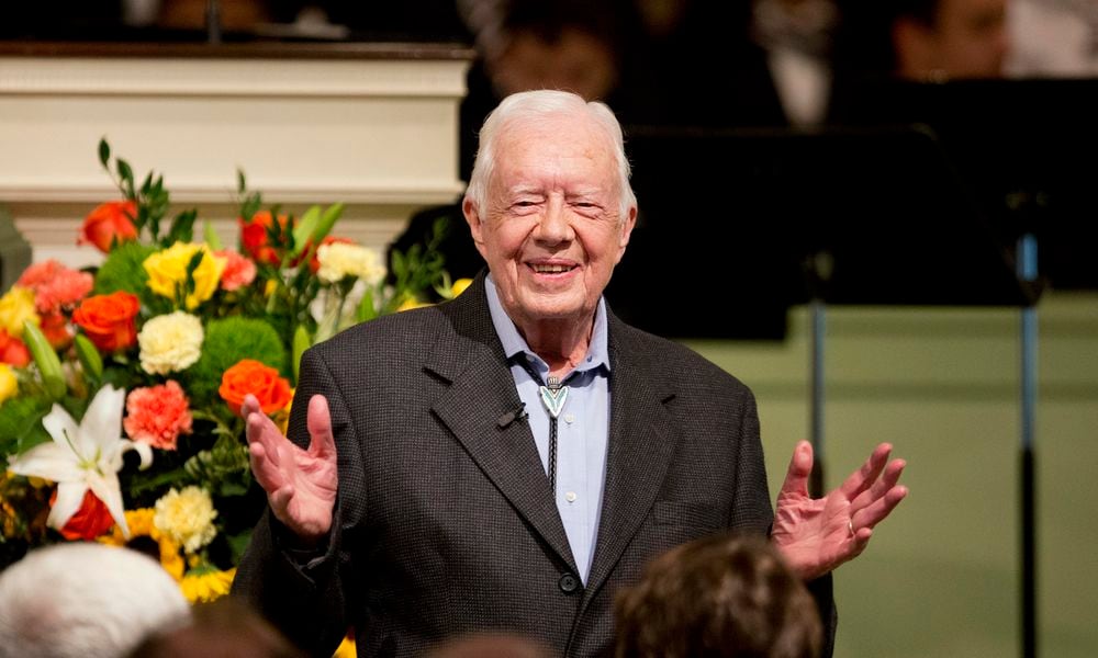 FILE - Former President Jimmy Carter teaches Sunday School class at the Maranatha Baptist Church in his hometown of Plains, Ga., Aug. 23, 2015. (AP Photo/David Goldman)