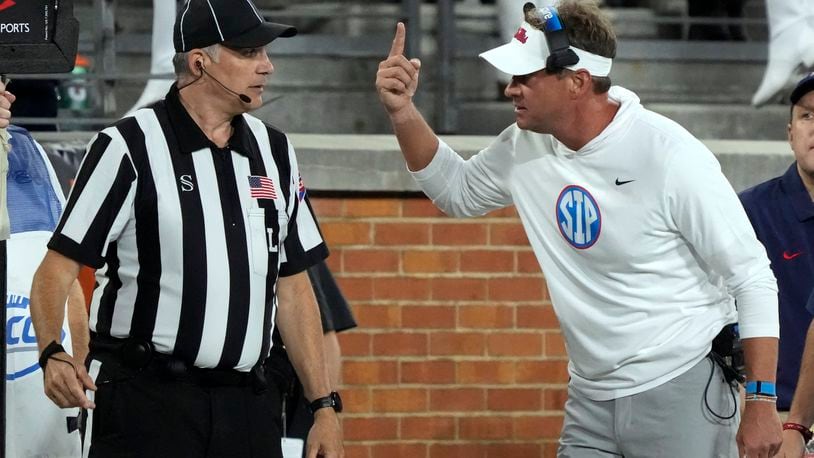 Mississippi head coach Lane Kiffin argues a call with an official during the first half of an NCAA college football game against Wake Forest in Winston-Salem, N.C., Saturday, Sept. 14, 2024. (AP Photo/Chuck Burton)