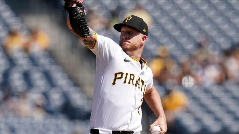 Pittsburgh Pirates starting pitcher Bailey Falter delivers during the first inning of a baseball game against the Miami Marlins, Wednesday, Sept. 11, 2024, in Pittsburgh. (AP Photo/Matt Freed)