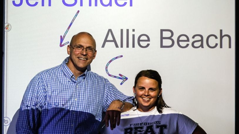 Fairmont Kettering math teacher Jeff Snider teaches alongside his former student Allie Beach, an intervention specialist. JIM NOELKER/STAFF