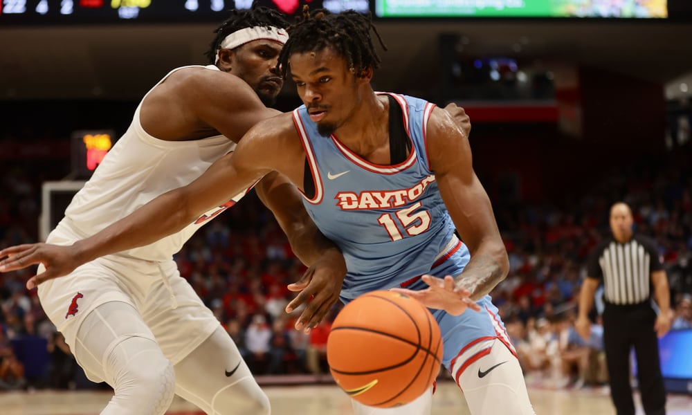 Dayton's DaRon Holmes II drives to the basket against Southern Methodist on Friday, Nov. 11, 2022, at UD Arena. David Jablonski/Staff