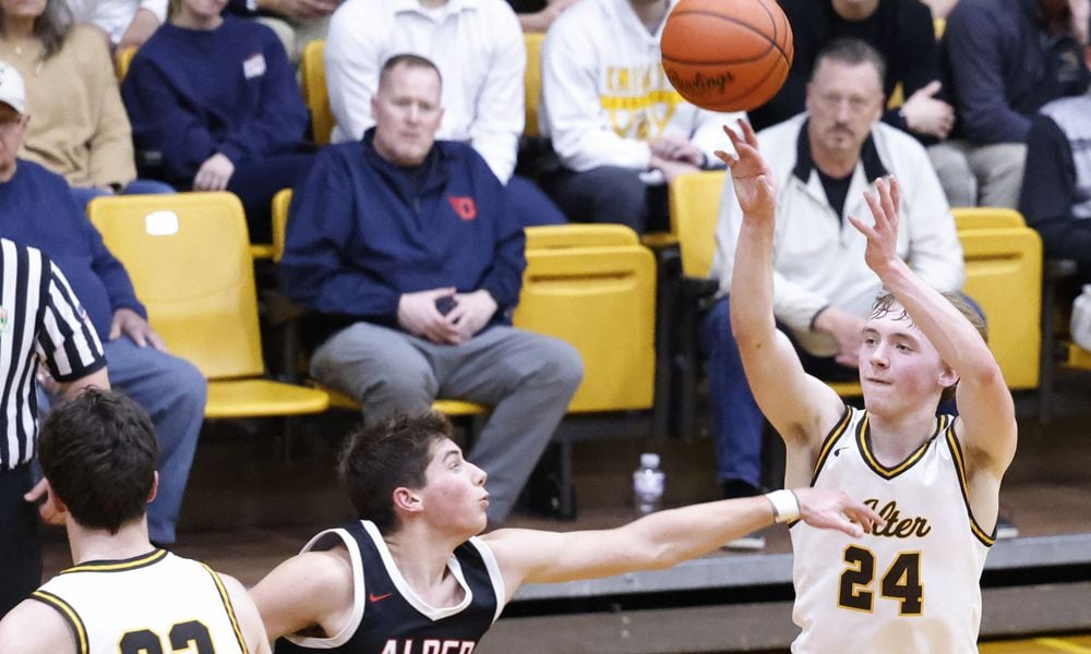 Archbishop Alter's Joe Brand puts up a shot during their Division II Regional semifinal basketball game against Jonathan Alder Thursday, March 14, 2024 at Vandalia Butler High School. Alter won 63-42. NICK GRAHAM/STAFF