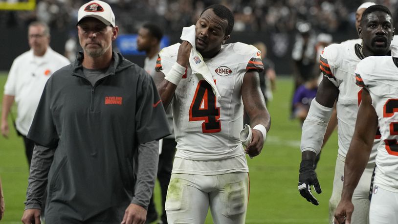 Cleveland Browns quarterback Deshaun Watson (4) walks off the field after the Browns were defeated by the Las Vegas Raiders 20-16 in an NFL football game Sunday, Sept. 29, 2024, in Las Vegas. (AP Photo/John Locher)