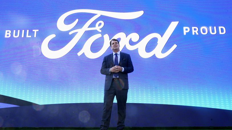 FILE - Jim Farley, Ford president and CEO, speaks during a presentation on Sept. 28, 2021, in Memphis, Tenn. (AP Photo/Mark Humphrey, File)