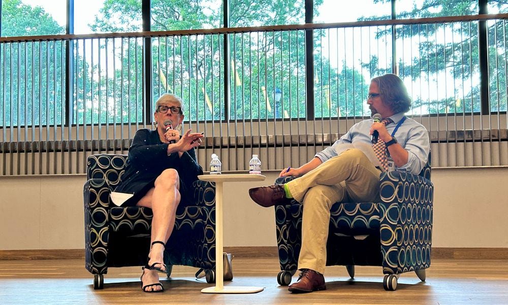 Retired Chief Justice Maureen O'Connor, left, answers questions about Issue 1, a redistricting reform that would bar politicians from drawing legislative districts. Dayton Daily News reporter Josh Sweigart, right, moderates. August 20, 2024.