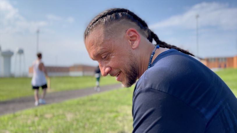 Bryan Singleton takes a break after completing the Ohio to Erie running challenge inside the Lebanon Correctional Institution. Singleton says he has been in and out of prison since he was 18. Keith BieryGolick photo