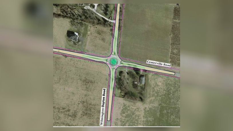 The Greene County Engineer's Office is planning a roundabout to replace a busy intersection at Wilmington-Dayton Road and Centerville Road. CONTRIBUTED