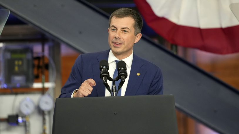 Transportation Secretary Pete Buttigieg speaks before President Joe Biden during a visit to the U.A. Local 190 Training Center in Ann Arbor, Mich., Friday, Sept. 6, 2024. (AP Photo/Paul Sancya)