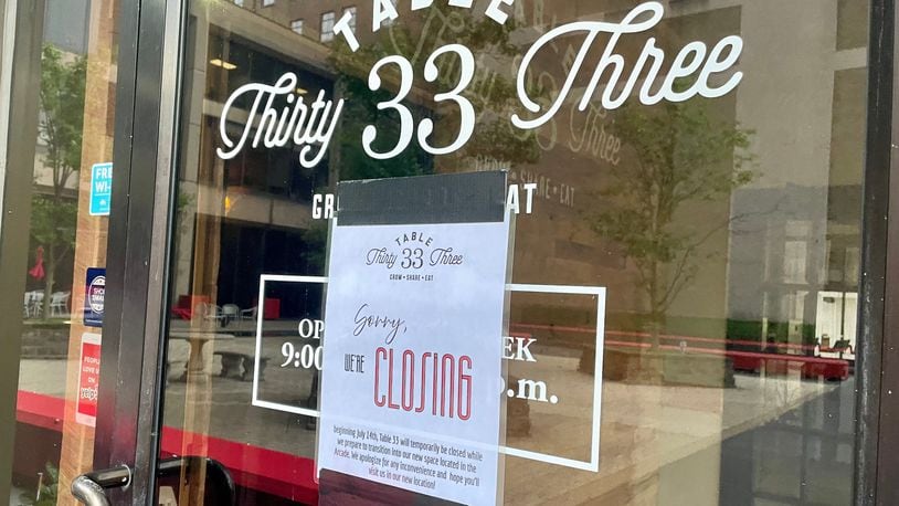 Table 33 has temporarily closed its doors on West Second Street as the restaurant prepares to move to its new location inside the Dayton Arcade. NATALIE JONES/STAFF