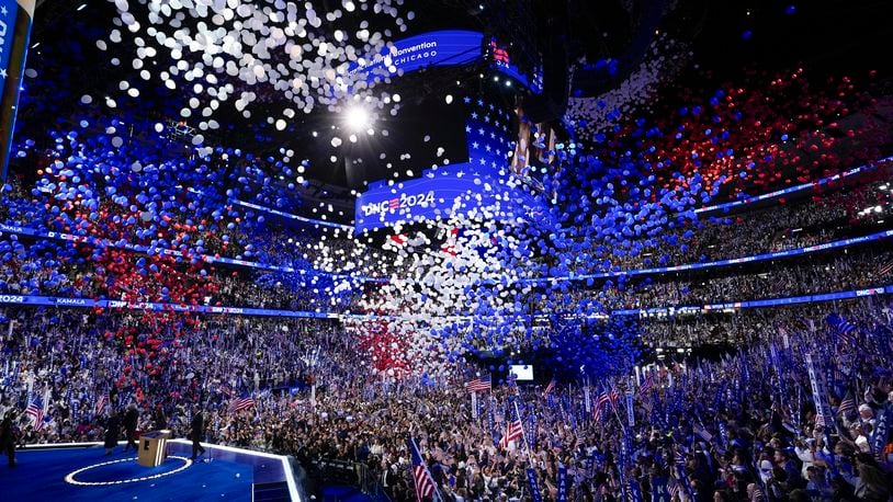 The balloon drop during the Democratic National Convention Thursday, Aug. 22, 2024, in Chicago. (AP Photo/Matt Rourke)