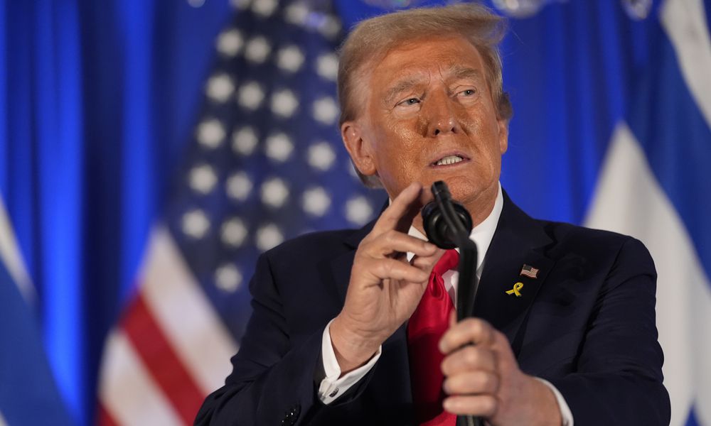 Republican presidential nominee former President Donald Trump speaks at an event marking one year since the Oct. 7 Hamas attack on Israel, Monday, Oct. 7, 2024, in Miami. (AP Photo/Alex Brandon)