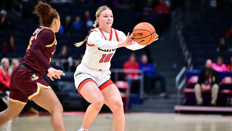 Dayton's Ivy Wolf looks to make a pass during Saturday's game vs. Loyola at UD Arena. The Flyers won 69-64. UD Athletics photo