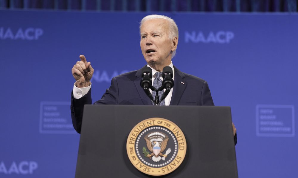  President Joe Biden delivers remarks at the NAACP National Convention in Las Vegas, on Tuesday, July 16, 2024. The president plans to address core issues like the economy and housing costs as he courts Black and Hispanic voters in Nevada. (Eric Lee/The New York Times) 