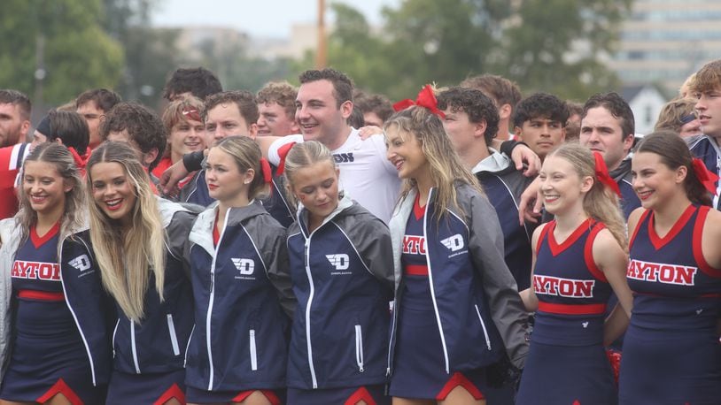 Dayton celebrates a victory against St. Francis on Saturday, Aug. 31, 2024, at Welcome Stadium in Dayton. David Jablonski/Staff