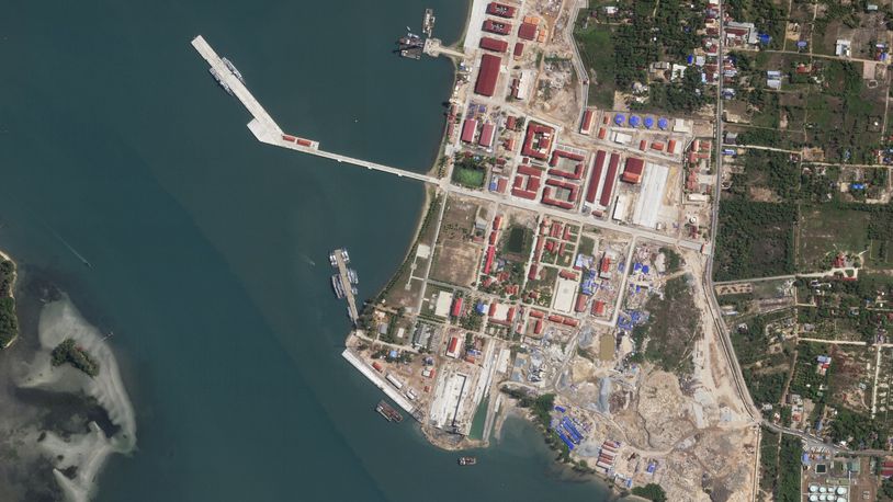 FILE - This satellite photo taken by Planet Labs PBC shows two Chinese corvettes docked at the Ream Naval Base, Cambodia, on the Gulf of Thailand, May 8, 2024. (Planet Labs PBC via AP File)