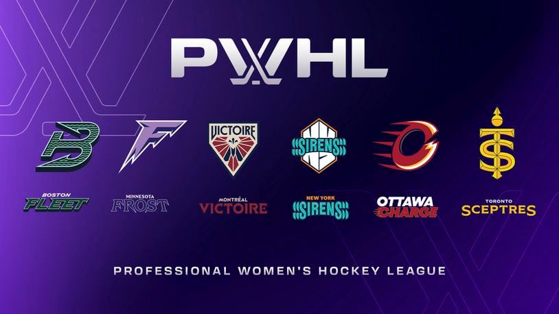 This image released by the PWHL shows the new logos for the six hockey teams on Monday, Sept. 9, 2024. (PWHL via AP)