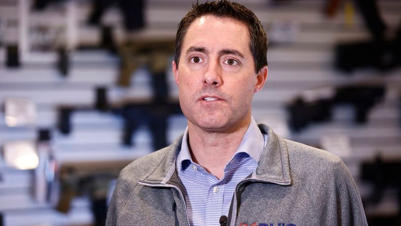 In this file photo from March, Ohio Secretary of State Frank LaRose answers reporters questions during an event in Hamilton, Ohio, Monday, March 18, 2024. At the time he was running in the Republican primary for U.S. Senate. (AP Photo/Paul Vernon)