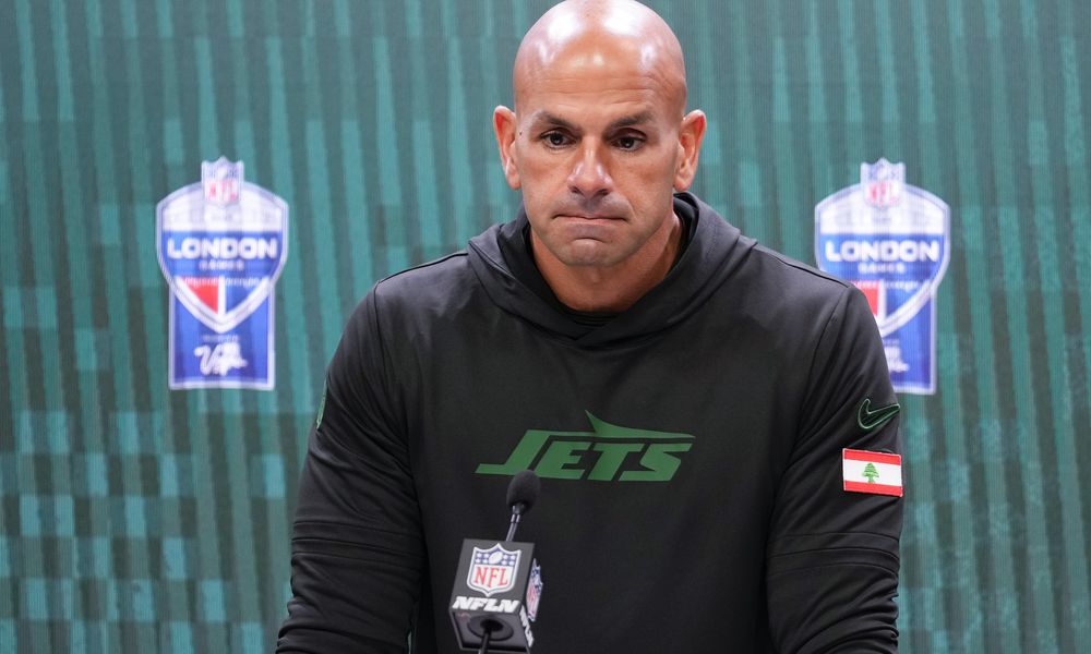 FILE - New York Jets head coach Robert Saleh talks to reporters after an NFL football game against the Minnesota Vikings, Sunday, Oct. 6, 2024, at the Tottenham Hotspur stadium in London. (AP Photo/Kirsty Wigglesworth, File)