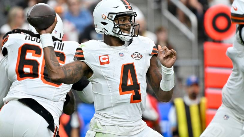 Cleveland Browns quarterback Deshaun Watson throws a pass during the first half of an NFL football game against the Las Vegas Raiders Sunday, Sept. 29, 2024, in Las Vegas. (AP Photo/David Becker)