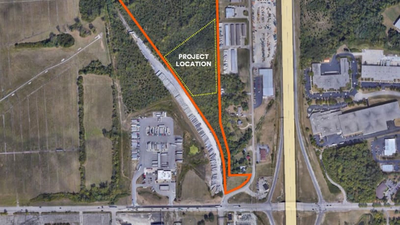 The proposed location of a Prairie Flyer battery energy storage facility in Vandalia, just north of Northwoods Boulevard, between Engle Road and the Flying J Travel Plaza.