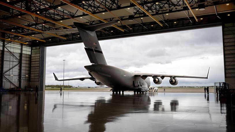C-17 leaves a Sierra Nevada Corp. hangar in Dayton, following mission-critical capability integrations. Sierra Nevada photo