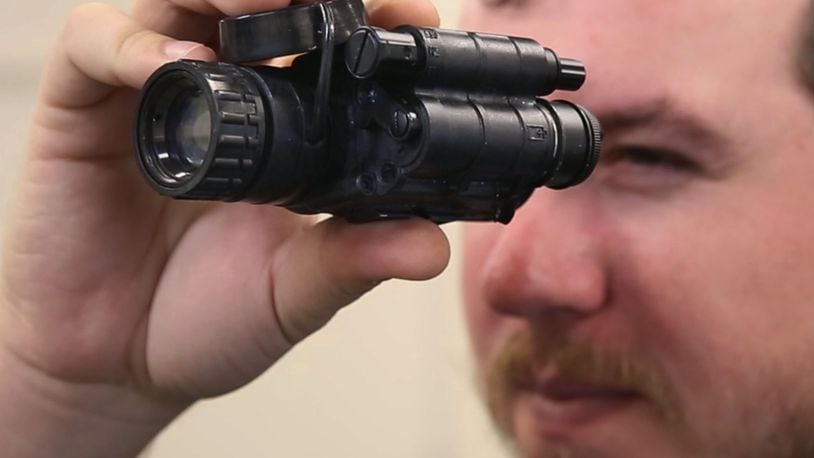 U.S. Army veteran Nick Ripplinger, president of Battle Sight Technologies, a resident business at The Entpreneurs Center. His company produces the MARC IR infrared writing stick, whose writing is visible solely to soldiers wearing night vision goggles, allowing covert written communication. TY GREENLEES / STAFF