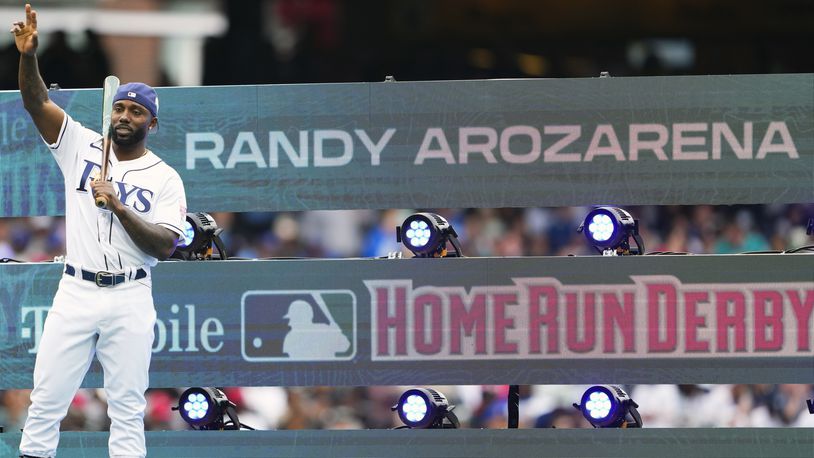 FILE - American League's Randy Arozarena, of the Tampa Bay Rays, is introduced at the start of the MLB All-Star baseball Home Run Derby in Seattle, Monday, July 10, 2023. The Home Run Derby is altering its format. This year's event, which takes place on July 15 at Arlington, Texas, limits the number of pitches each hitter can face in each round and changes the setup of its opening round.(AP Photo/Lindsey Wasson)