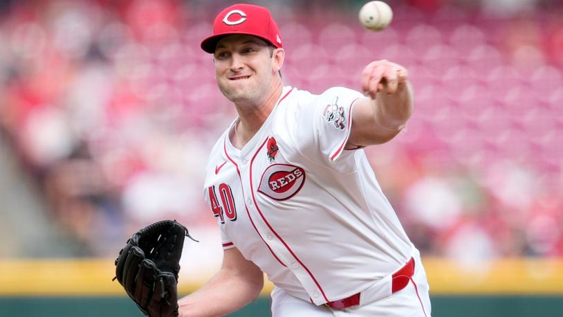 Cincinnati Reds pitcher Nick Lodolo throws during the first inning of a baseball game against the St. Louis Cardinals, Monday, May 27, 2024, in Cincinnati. (AP Photo/Jeff Dean)