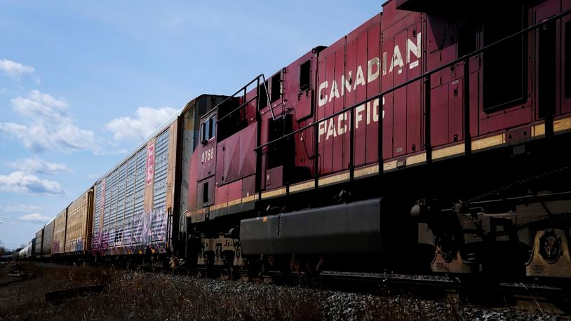 FILE - Canadian Pacific trains sit at the main CP Rail train yard in Toronto, March 21, 2022. (Nathan Denette/The Canadian Press via AP, File)