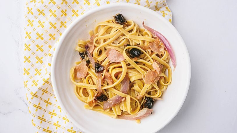 Fettuccine With Prosciutto, Prunes and Black Pepper. COURTESY OF SERENA BALL, MS, RD AND DEANNA SEGRAVE-DALY, RD