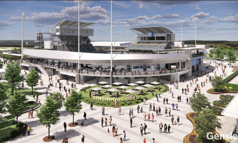 This is a rendering of facade improvements planned for Center Court and the Grandstand Court at the Lindner Family Tennis Center in Mason, home of the Cincinnati Open tennis tournament. The improvements are part of a $260 million renovation of the facility. CONTRIBUTED/CINCINNATI OPEN