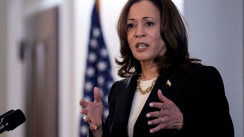 FILE - Vice President Kamala Harris speaks in the Eisenhower Executive Office Building on the White House complex in Washington, June 17, 2024. (AP Photo/Susan Walsh, File)