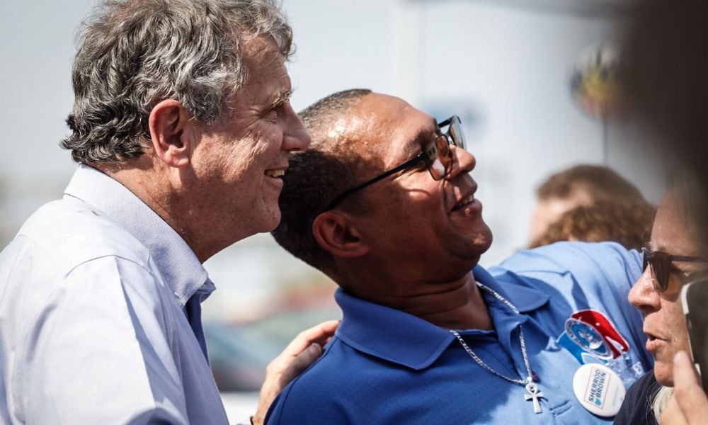 U.S. Senator Sherrod Brown, D-Ohio, (left) held a rally at IBEW Local 82 on Poe Ave. Friday October 4, 2024. With a month until the November election, Brown is campaigning across the state. Jim Noelker/Staff