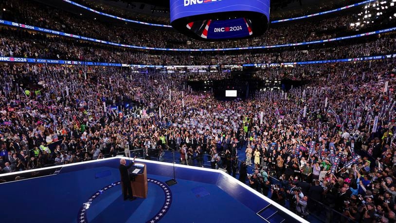 President Joe Biden waves to the crowd during the Democratic National Convention, Monday, Aug. 19, 2024, in Chicago. (Mike Segar/Pool Photo via AP)