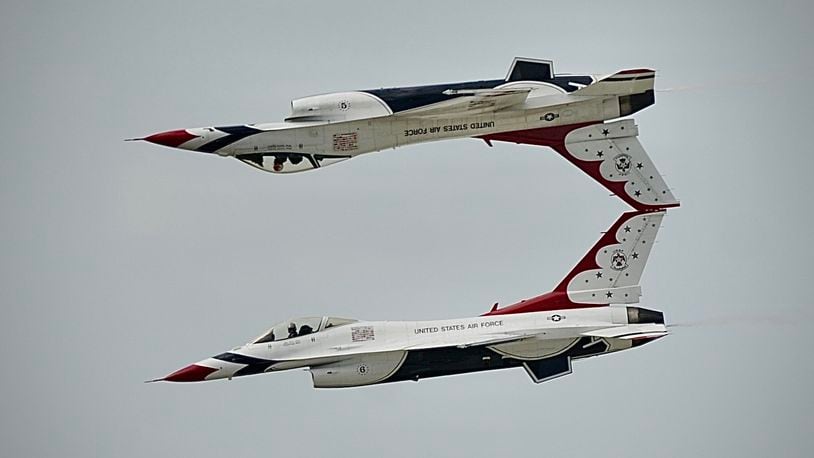 The U.S. Air Force Thunderbirds fly at the Dayton Air Show Sunday, July 23. MARSHALL GORBY/STAFF
