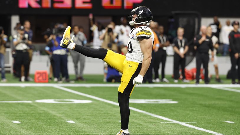 Pittsburgh Steelers linebacker T.J. Watt celebrates after sacking Atlanta Falcons quarterback Kirk Cousins at the end of an NFL football game Sunday, Sept. 8, 2024, in Atlanta. (AP Photo/Butch Dill)