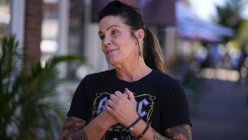 Christine Desumma, of Bristol, Pa., pauses while speaking during an interview, Wednesday, Sept. 11, 2024, in Bristol, Pa. (AP Photo/Matt Slocum)