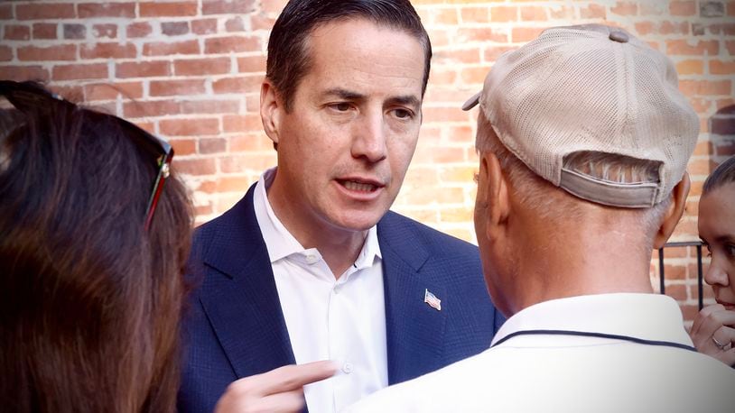 Republican candidate for U.S. Senate Bernie Moreno speaks to people at a Springfield press conference on Saturday, Sept. 14, 2024. MARSHALL GORBY / STAFF