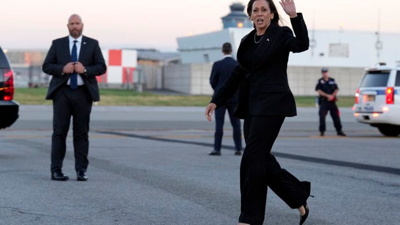 Democratic presidential nominee Vice President Kamala Harris arrives at LaGuardia Airport, Monday Oct. 7, 2024, in New York. (AP Photo/Jacquelyn Martin)