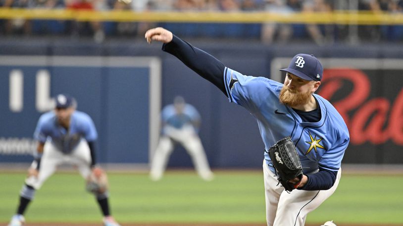 Tampa Bay Rays pitcher Drew Rasmussen throws against the Arizona Diamondbacks during the first inning of a baseball game Sunday, Aug. 18, 2024, in St. Petersburg, Fla. (AP Photo/Jason Behnken)