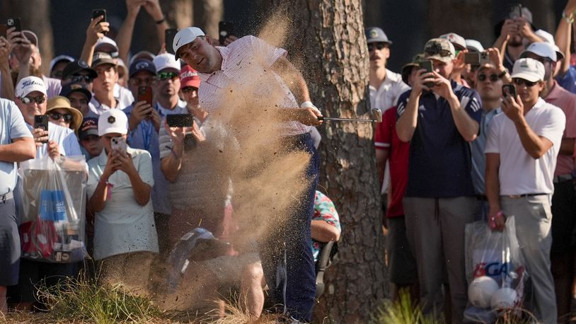 Scottie Scheffler hits from the pine straw on the 15th hole during the first round of the U.S. Open golf tournament Thursday, June 13, 2024, in Pinehurst, N.C. (AP Photo/Mike Stewart)