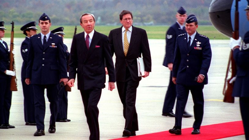 Warren Christopher, former Secretary of State (left) and the Richard Holbrooke, then assistant Secretary of State, (right) were tasked with working toward a sustainable peace during the Dayton peace talks held for 21 days in Nov. 1995 at Wright-Patterson Air Force Base. PHOTO COURTESY OF THE UNITED STATES AIR FORCE