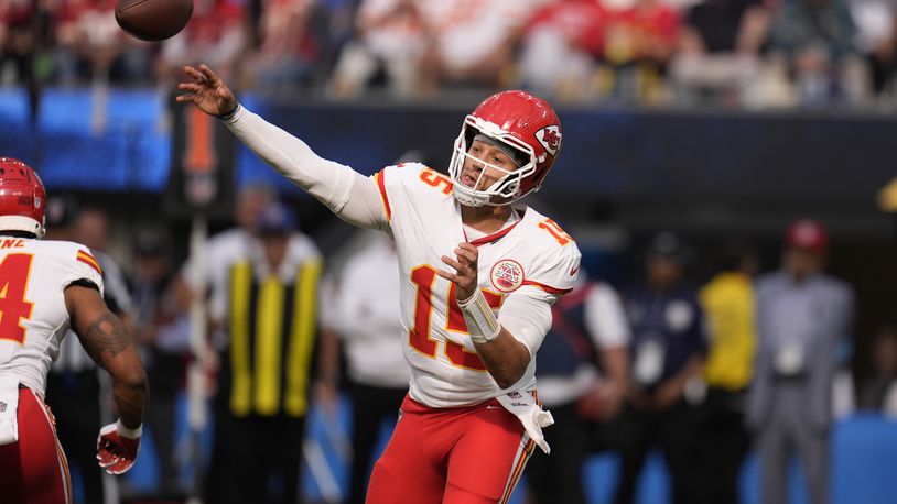 Kansas City Chiefs quarterback Patrick Mahomes throws during the second half of an NFL football game against the Los Angeles Chargers Sunday, Sept. 29, 2024, in Inglewood, Calif. (AP Photo/Marcio Jose Sanchez)