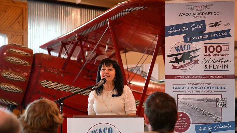 Nancy Royer speaks in 2023 about plans for the celebration later in the year of the 100th anniversary of WACO aircraft in Troy. The celebration helped reignite an effort to complete an Aviation Learning Center next to the WACO Aviation Museum. CONTRIBUTED