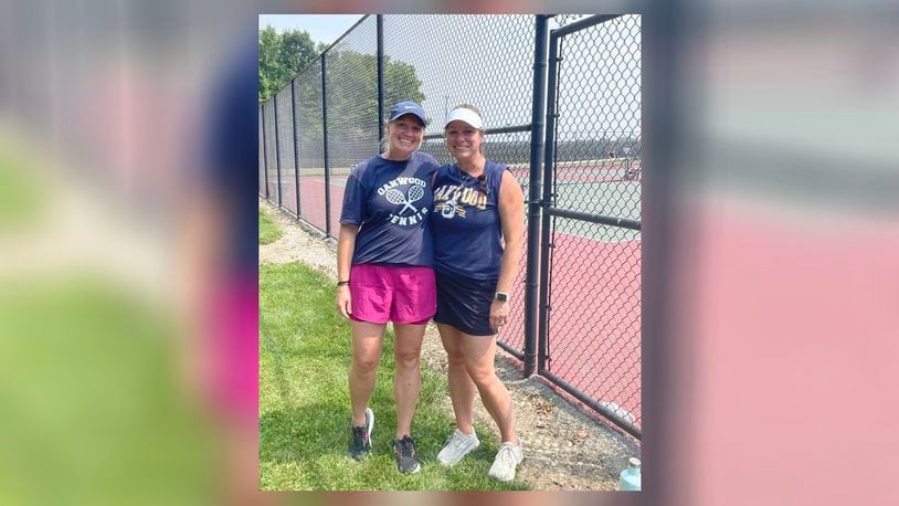 Sisters Christy Heppner and Lesley Jones, who won the state doubles title in 1998 for Oakwood, now coach the Oakwood girls tennis team. Debbie Juniewicz/CONTRIBUTED