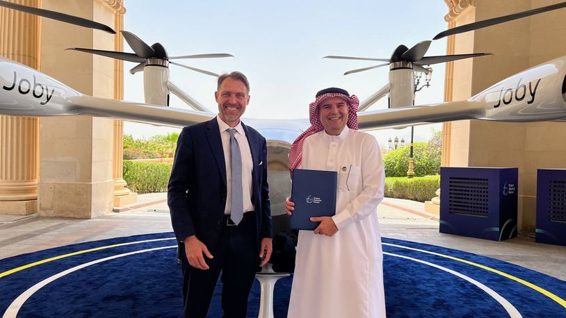 Captain Khalid Al Natour, chief executive of Mukamalah Aviation, signed a memorandum of understanding with Joby Founder and CEO JoeBen Bevirt (left) at the Future Aviation Forum in Riyadh, Saudi Arabia. Joby Aviation Photo